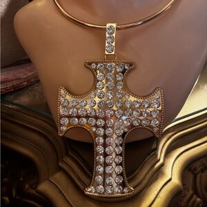 Large cross choker rhinestones gold m extravaganza statement Christian necklace